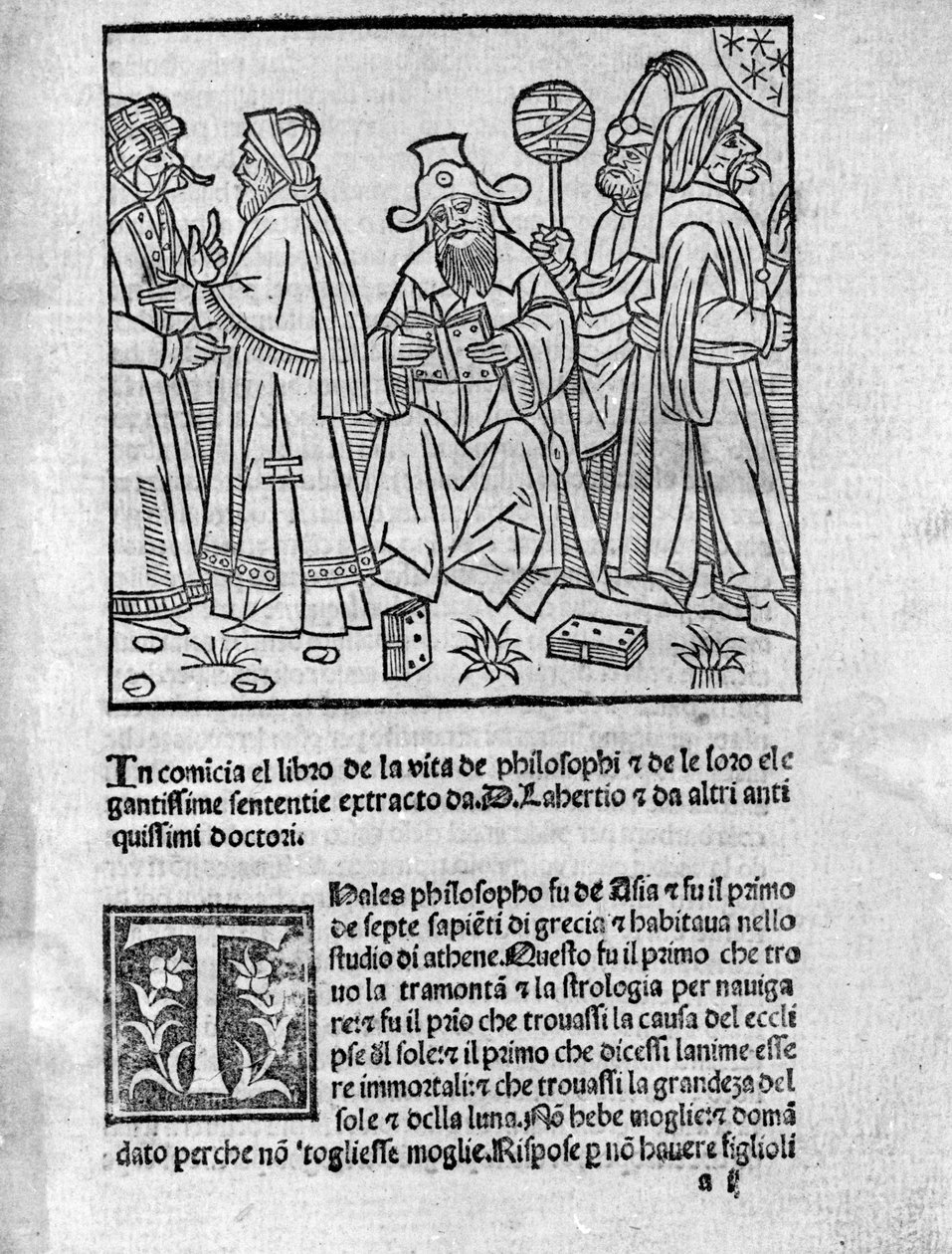 Representation of Diogene Laerce (120-240) (centre) surrounds various thinkers and philosophers. Page taken from 
