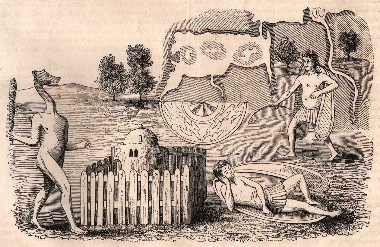 Representation of medieval tribes and animal species: men with long ...