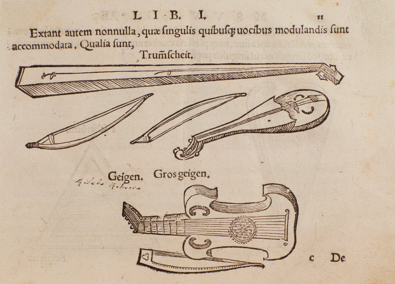 Representation of string instruments and archer. Page taken from Musurgia practical manual of music by Unknown artist