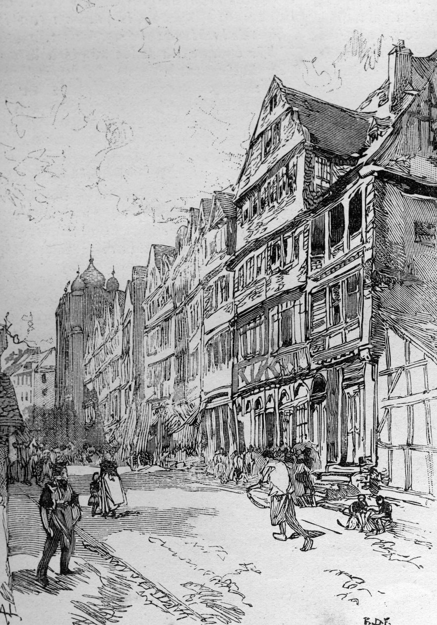 Representation of the Jewish Street in Frankfurt, Birthplace of the Rothschild Family. Engraving in 