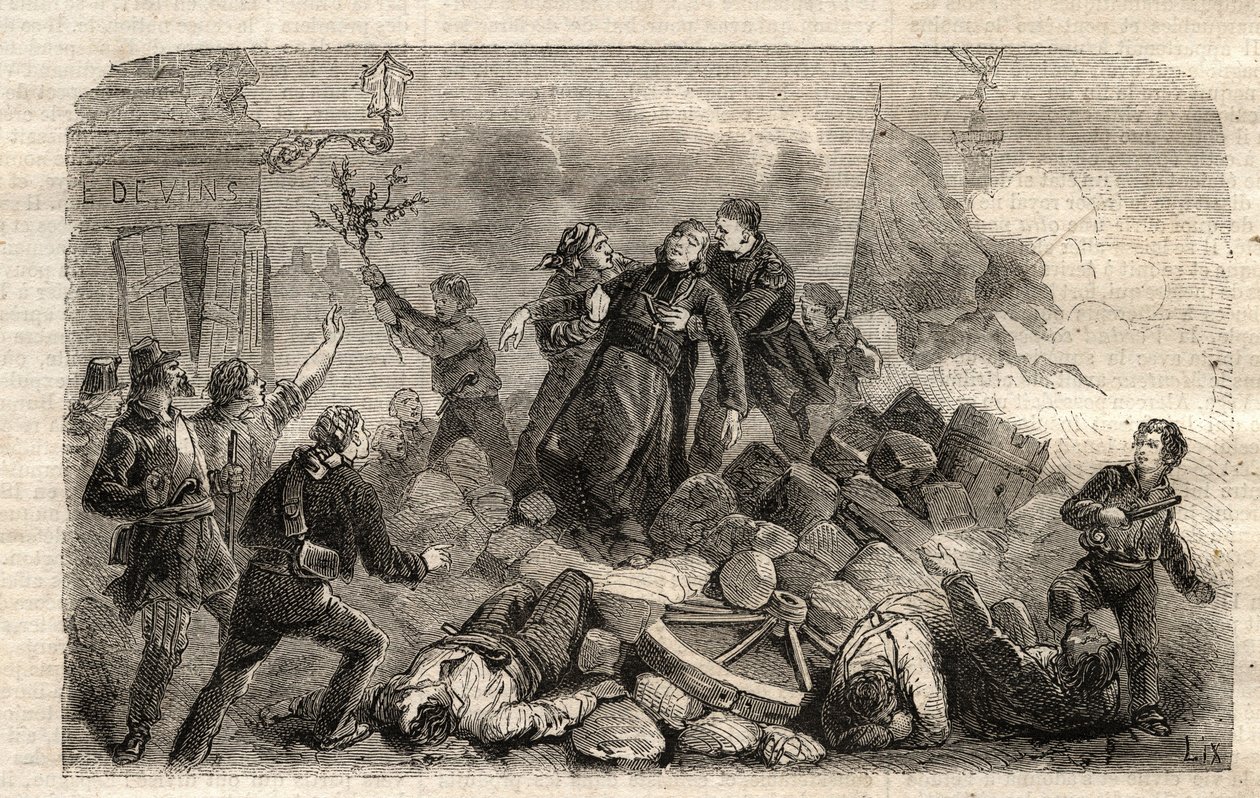 Revolution 1848: The Archeveque Monsignor Denis Affre (1793-1848) on the Barricade Faubourg Saint Antoine in Paris 26/06/1848 (Do o mon dieu que mon sang soit le dernier verse) (Death Denis Affre Archbishop of Paris of the barricade at the entrance to t by Unknown artist