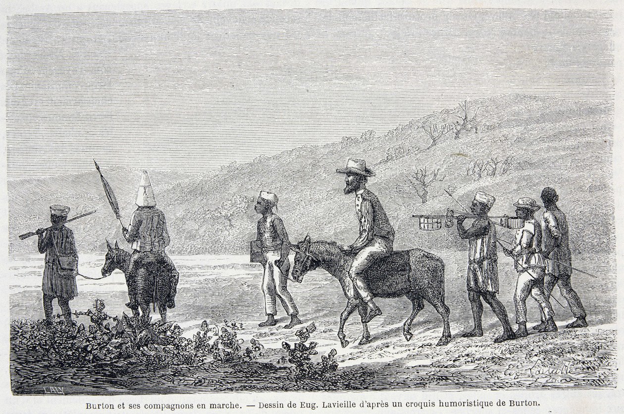 Richard Francis Burton, British explorer, and his companions in Africa. Drawing illustrating the article 