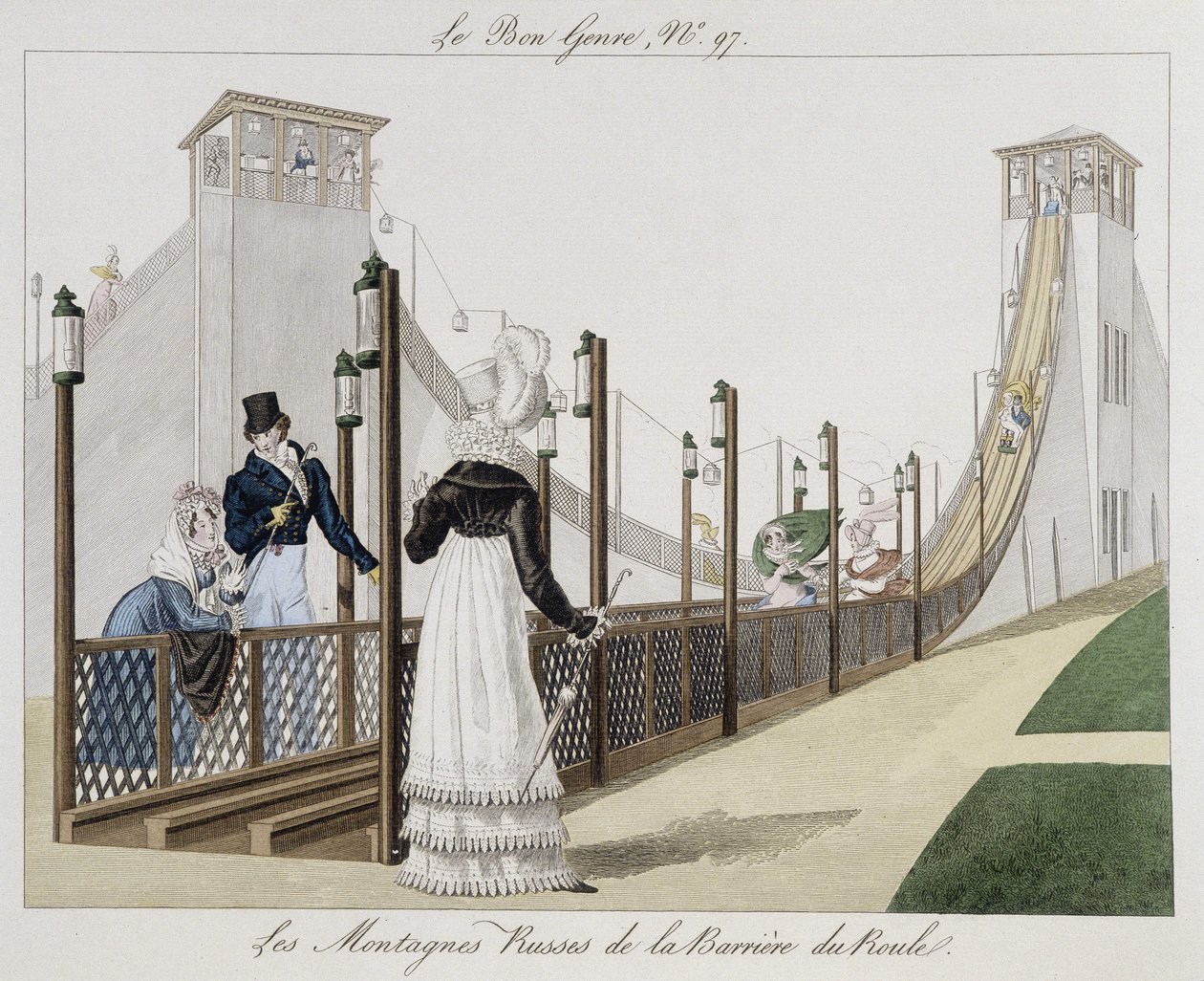 Rollercoaster at the Barriere du Roule, early 19th century - in Le Bon Genre, No. 97 by Unknown artist