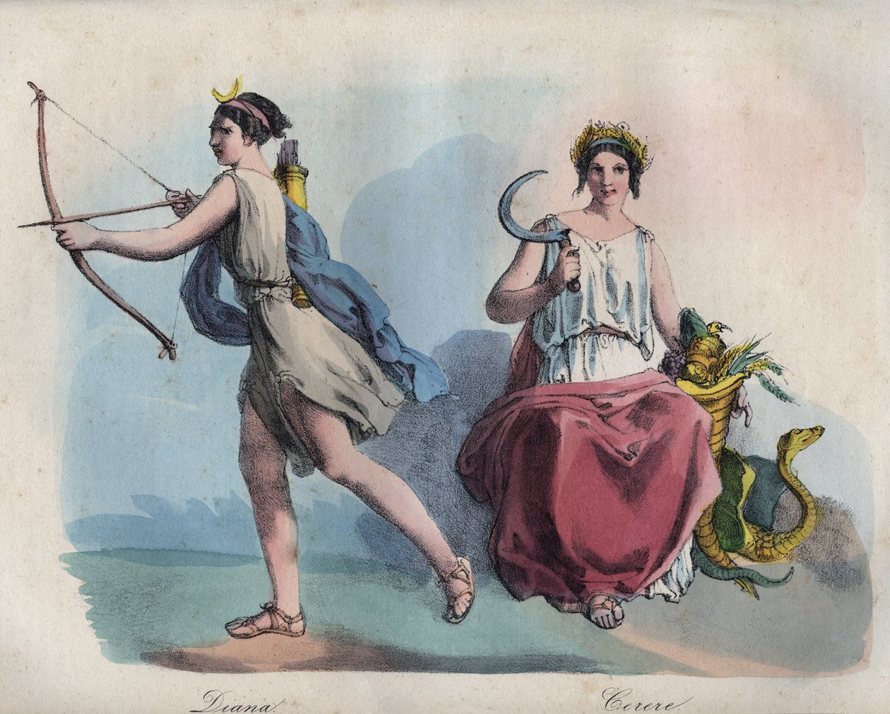 Roman mythology - Diana (Diane) the goddess of the hunt and Ceres goddess of agriculture - engraving from 