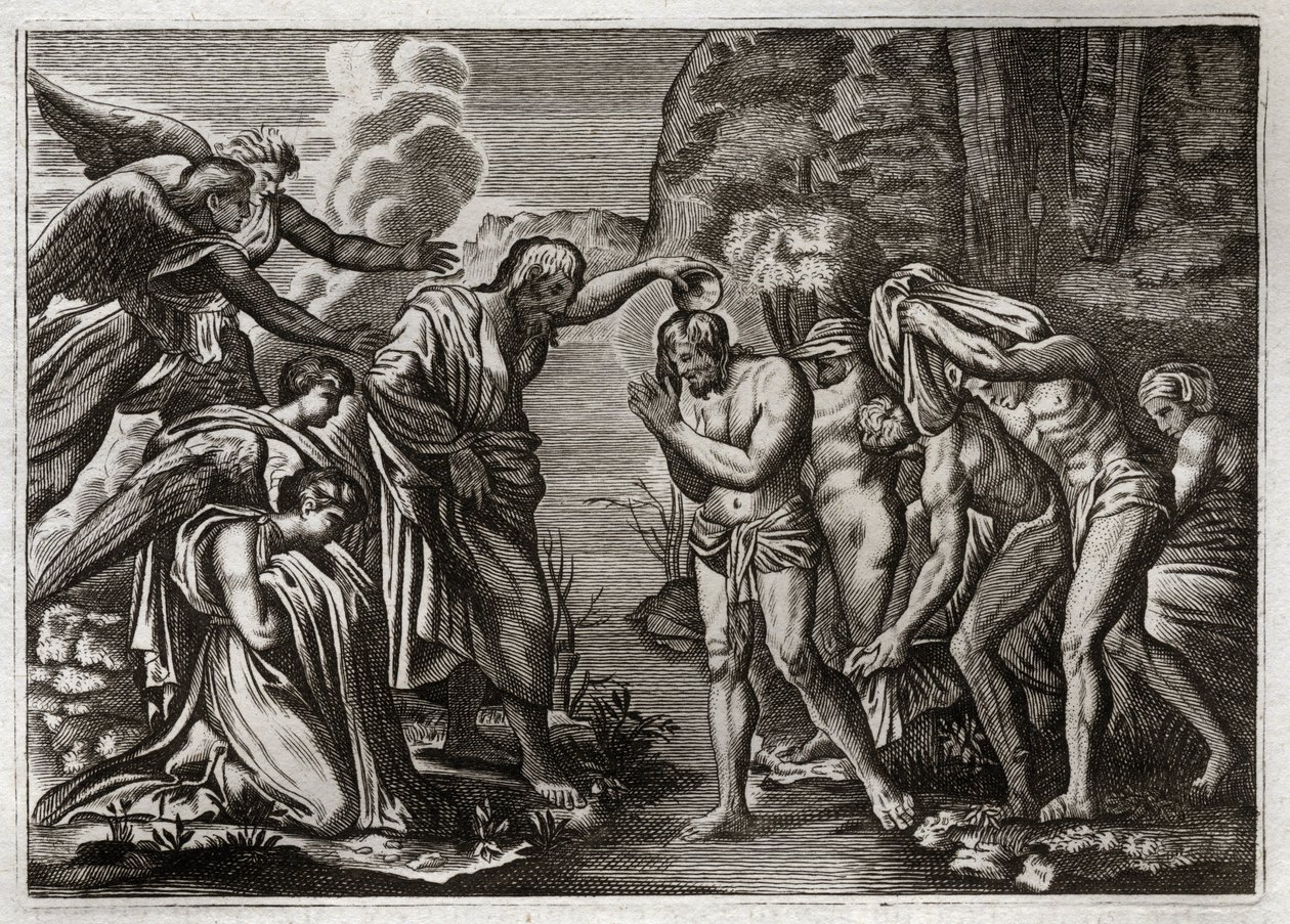 Royaumont Bible, New Testament: Baptism of Jesus Christ. Saint John the Baptist baptizing Jesus Christ in the waters of the Jordan River. Illustration from 1811. by Unknown artist