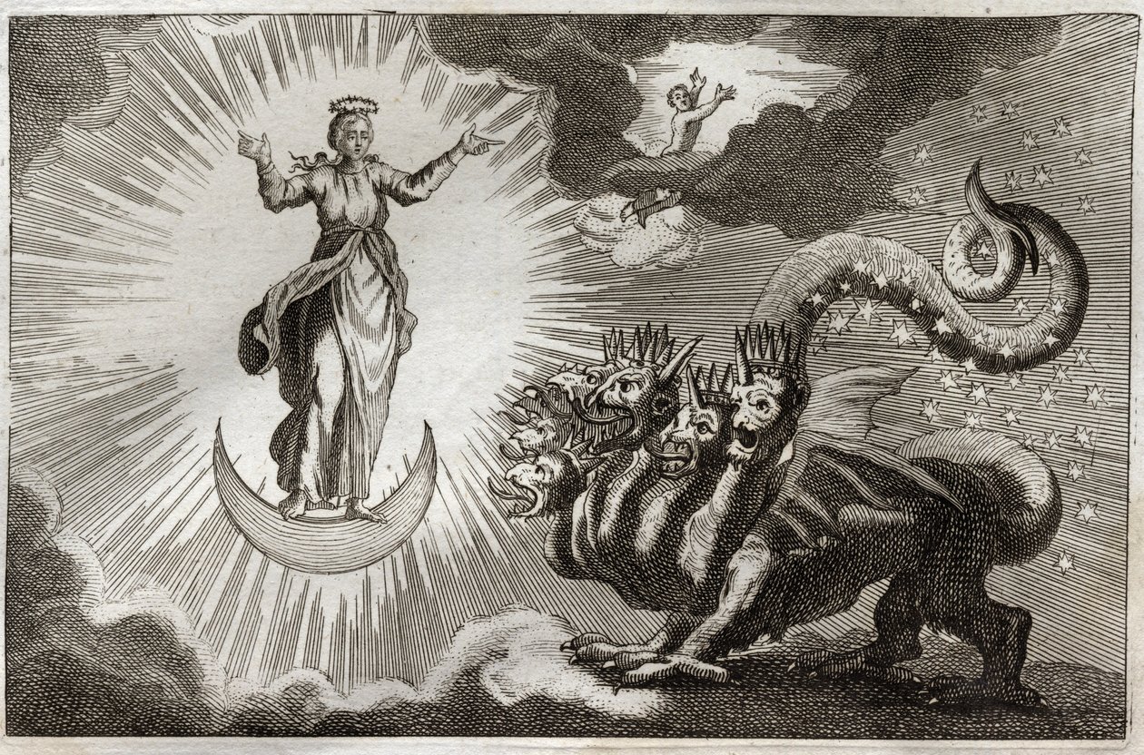 Royaumont Bible, New Testament: Beast of Revelation. Saint John Sees a Monstrous Beast and a Pregnant Woman Surrounded by Light. Illustration from 1811 by Unknown artist