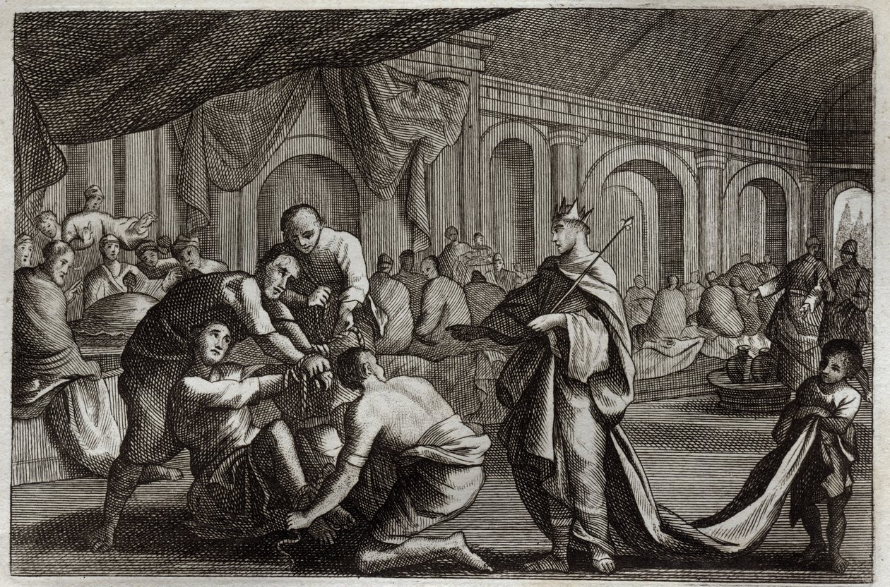 Royaumont Bible, New Testament: Bridal dress. Parable of a King who made the wedding of his son, from which he rejected a man who did not have the bridal dress. Illustration from 1811. by Unknown artist