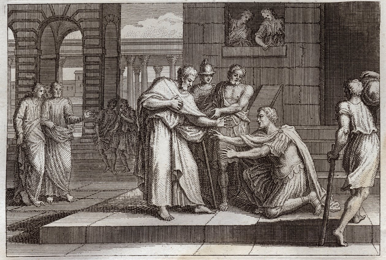 Royaumont Bible, New Testament: Cornelius baptizes. Cornelius the centurion receives the faith of Jesus Christ, and is baptized by St. Peter. Illustration from 1811. by Unknown artist