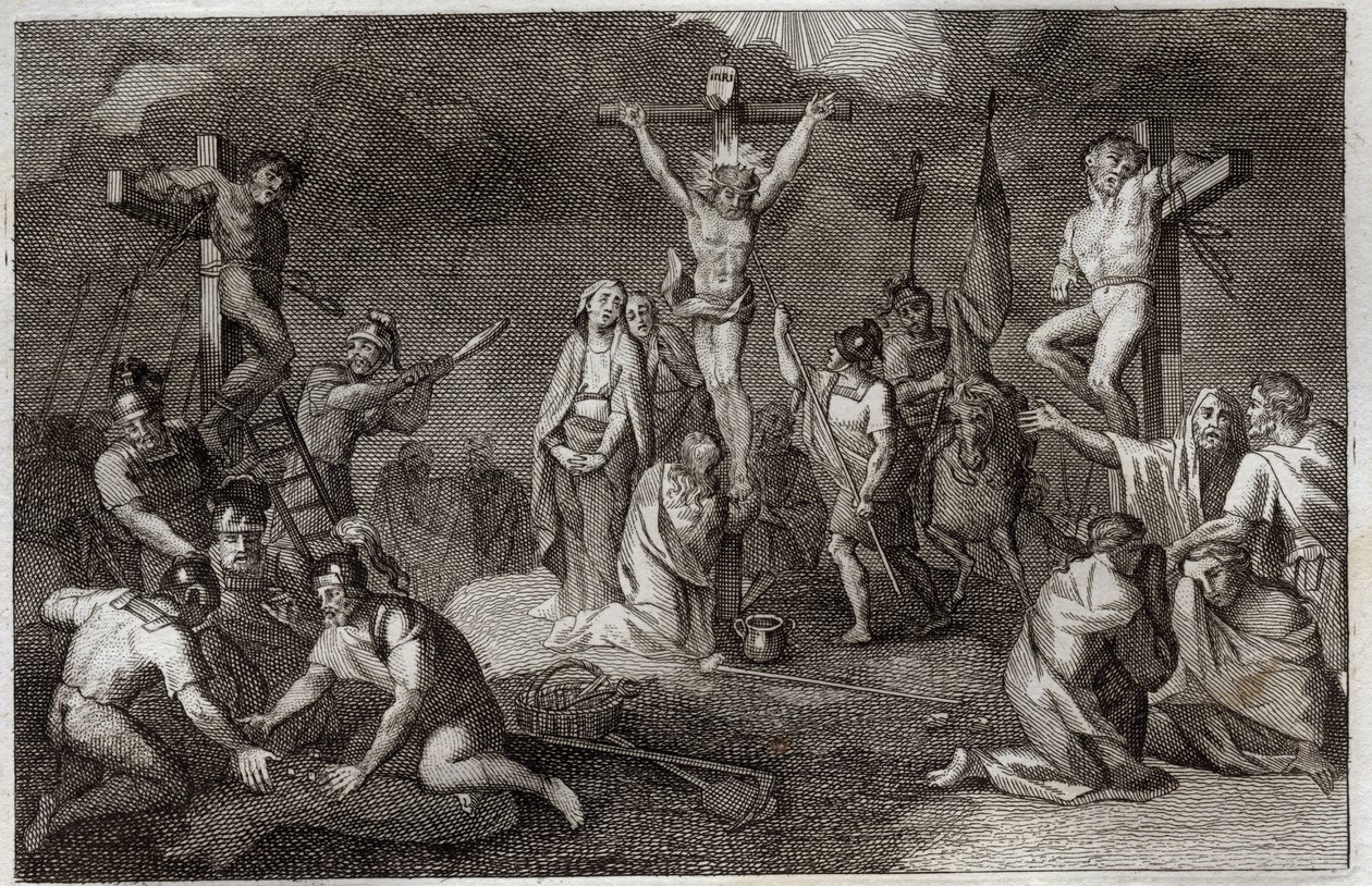 Royaumont Bible, New Testament: Crucifixion of Jesus Christ. The Virgin Mary, Saint Mary Magdalene and Saint John at the Foot of the Cross, Saint Longin the Centurion (Saint Longinus) with His Spear, Soldiers Playing the Tunic of Christ by Unknown artist