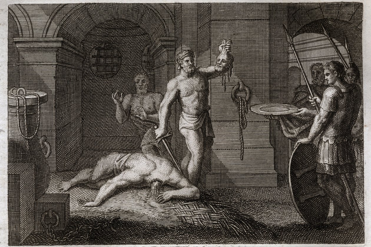 Royaumont Bible, New Testament: Decollation of Saint John the Baptist. His head is placed on a platter. Illustration from 1811. by Unknown artist