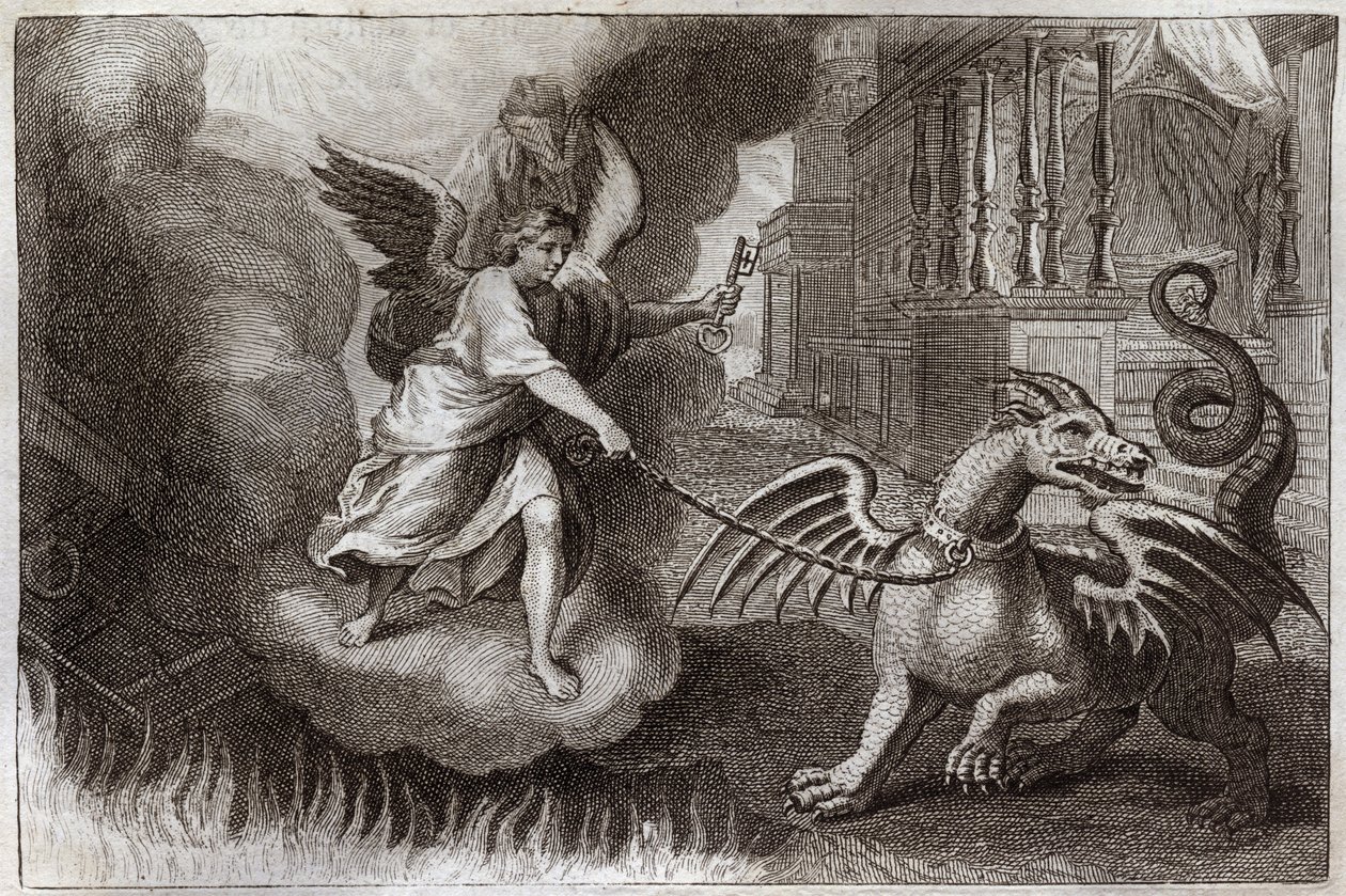Royaumont Bible, New Testament: Dragon Chains. The Dragon of Revelation, symbol of the Devil, is chained by an Angel holding the key of the abime. Illustration from 1811 by Unknown artist