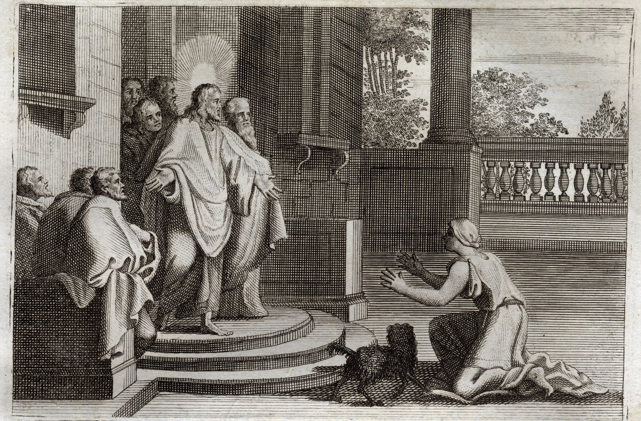 Royaumont Bible, New Testament: Jesus Christ and the Canaanite Woman. A Peasant Asks the Lord for Help to Heal Her Daughter. Illustration from 1811 by Unknown artist