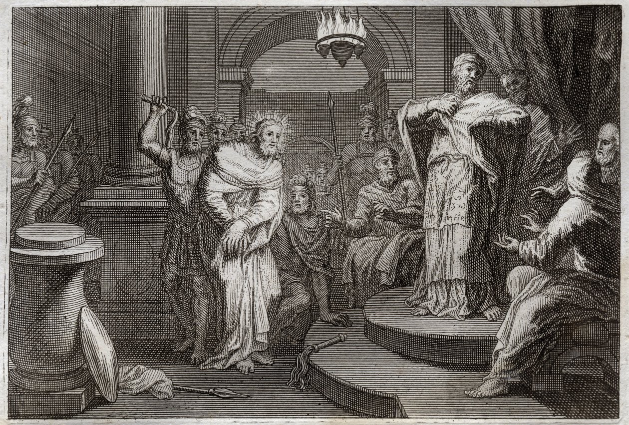 Royaumont Bible, New Testament: Jesus Christ Before Caiphus and Anan. Illustration from 1811 by Unknown artist