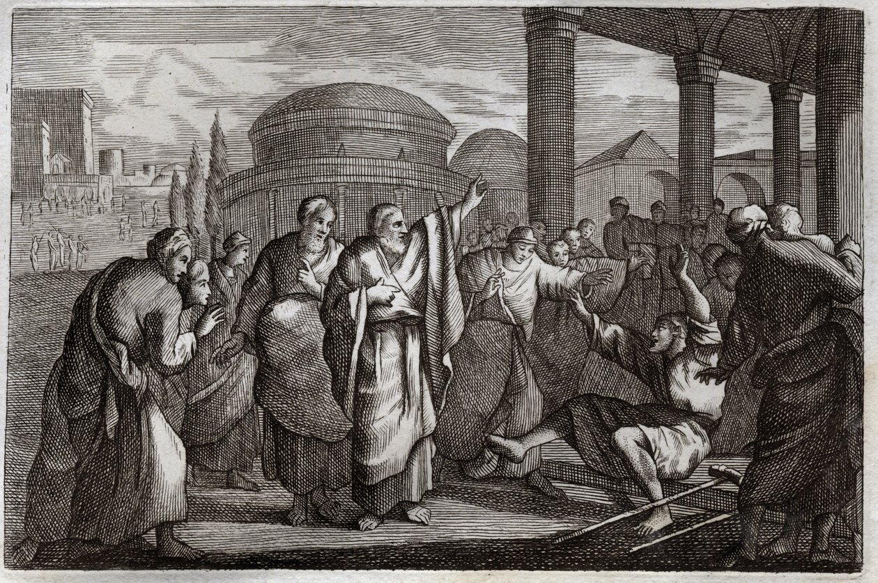Royaumont Bible, New Testament: Lame healed. Saint Paul heals a lame man and stops people who wanted to sacrifice to him like a God. Illustration from 1811. by Unknown artist