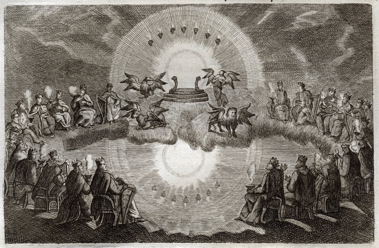 Royaumont Bible, New Testament: Open Heaven. A throne appears surrounded by a lion, an ox, a man and an eagle (tetramorph) and seven lamps. Twenty-four old people sitting on thrones surround this vision. Illustration from 1811 by Unknown artist