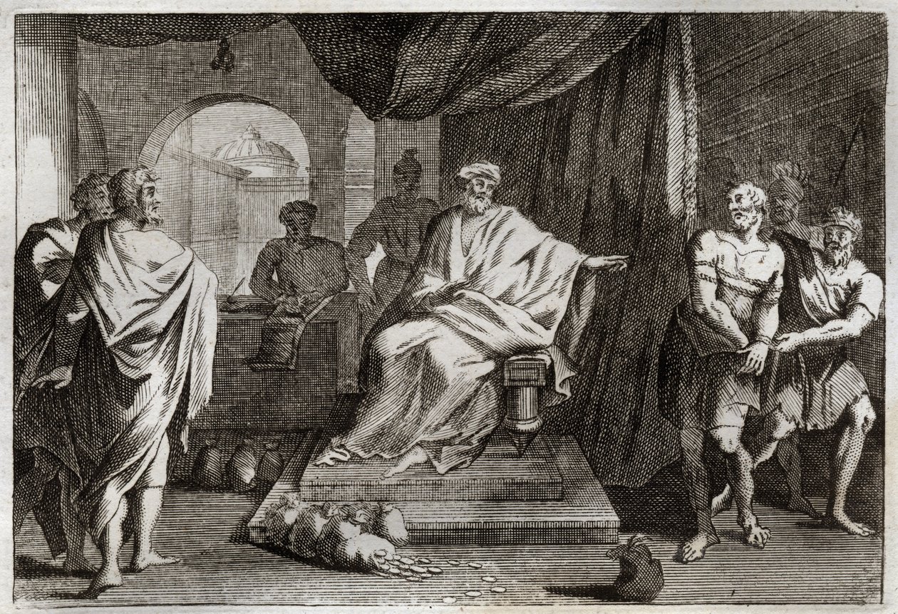 Royaumont Bible, New Testament: Parable of Talents. A master punishes one of his servants who hid the money he gave him. Illustration from 1811. by Unknown artist