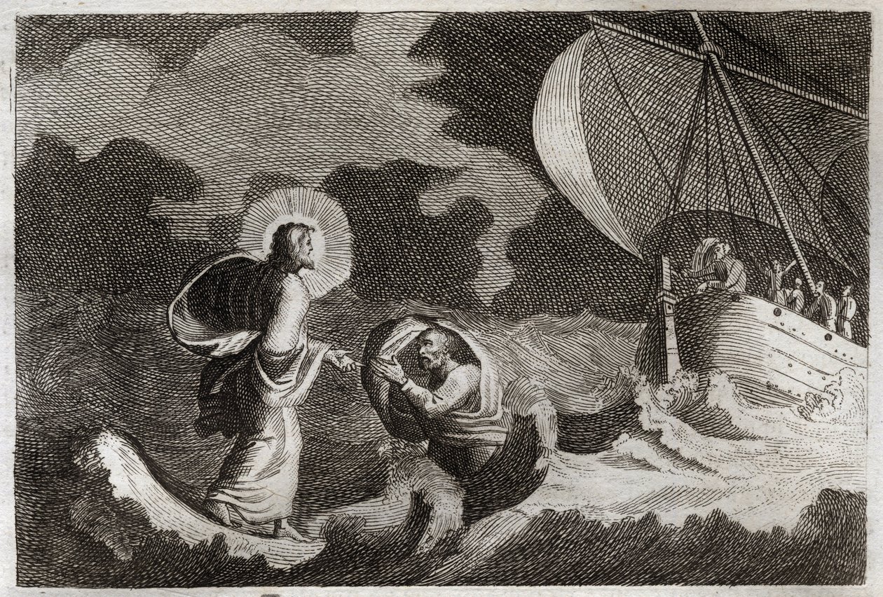 Royaumont Bible, New Testament: St. Peter walks on water. Jesus Christ walks on the sea, and makes Saint Peter walk there. Illustration from 1811 by Unknown artist