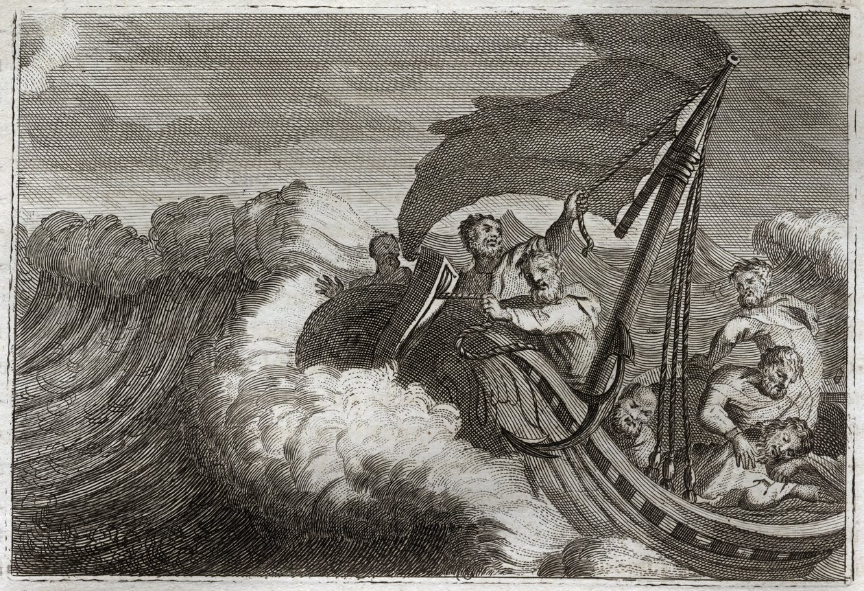 Royaumont Bible, New Testament: Tempest Calmed. The Apostles Awaken Jesus Christ Who Calms the Sea of Galilee. Illustration from 1811 by Unknown artist
