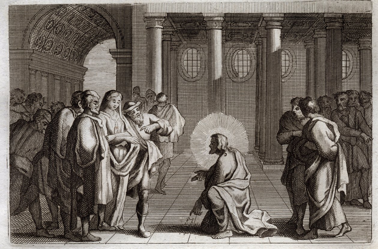 Royaumont Bible, New Testament: The Adulterous Woman. Jesus Christ is divinely deluding himself from the traps which the Jews laid upon him, asking him what should be done of a woman caught in adultery, saying, 