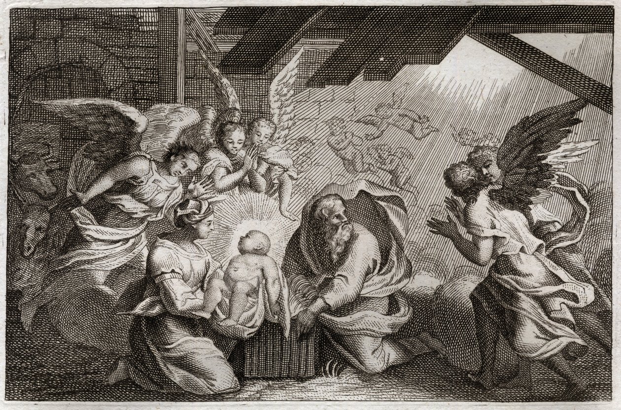 Royaumont Bible, New Testament: The Nativity. Jesus Christ was born from the Blessed Virgin Mary in a stable in Bethlehem. Illustration from 1811 by Unknown artist