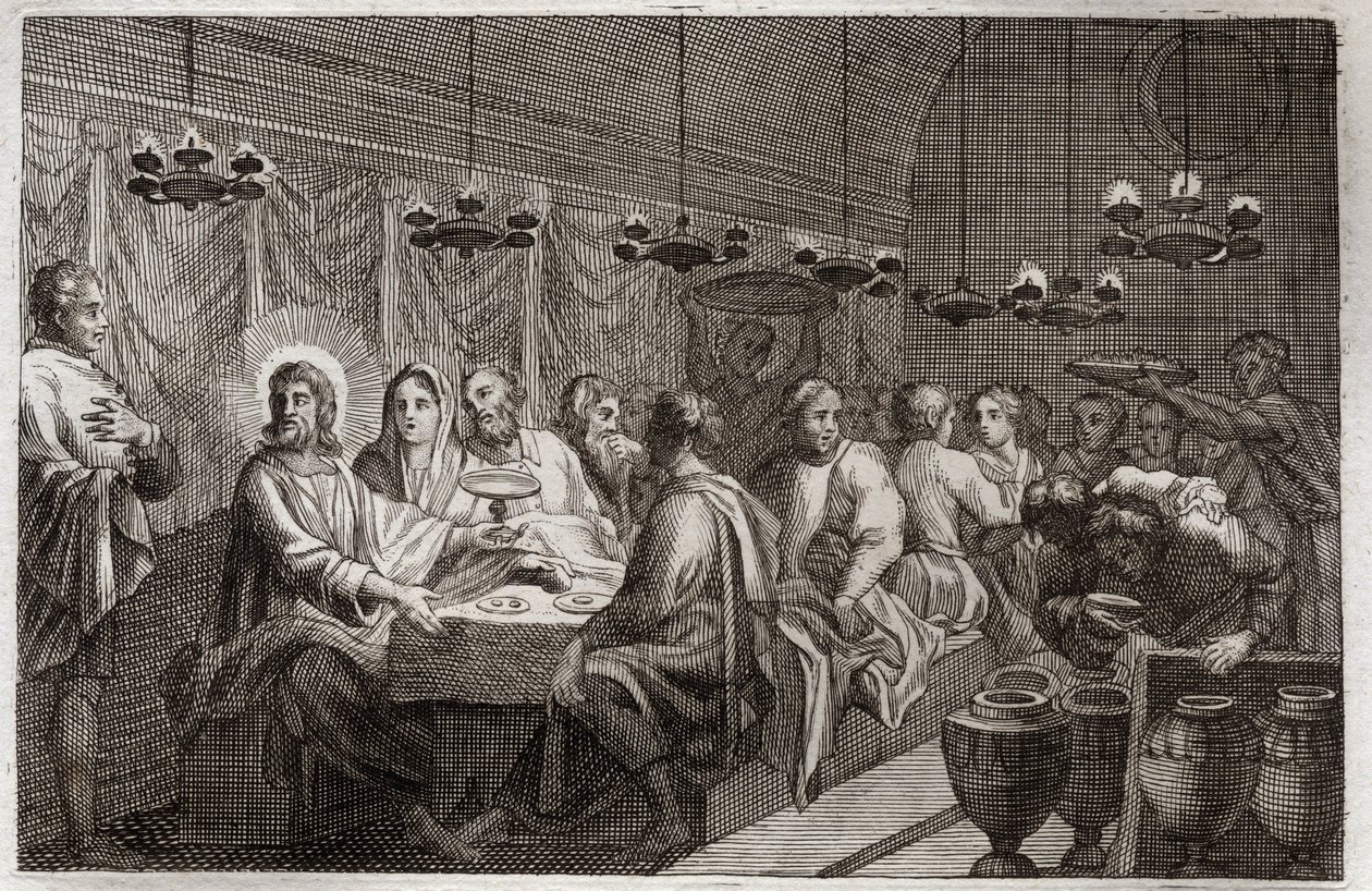 Royaumont Bible, New Testament: The Wedding of Cana. First Miracle of Jesus Christ Changing Water into Wine. Illustration from 1811 by Unknown artist