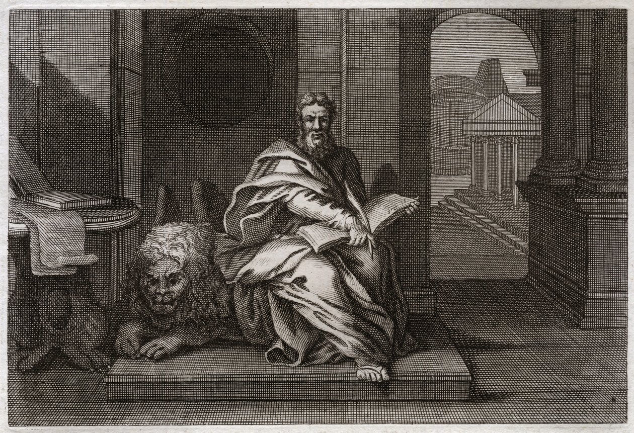 Royaumont Bible, New Testament: The evangelist Saint Mark with the lion. Illustration from 1811 by Unknown artist