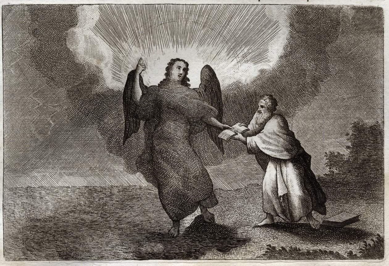 Royaumont Bible, New Testament: Vision of Saint John. Vision of the Angel with an Open Book gives Saint John to devour it. Illustration from 1811. by Unknown artist