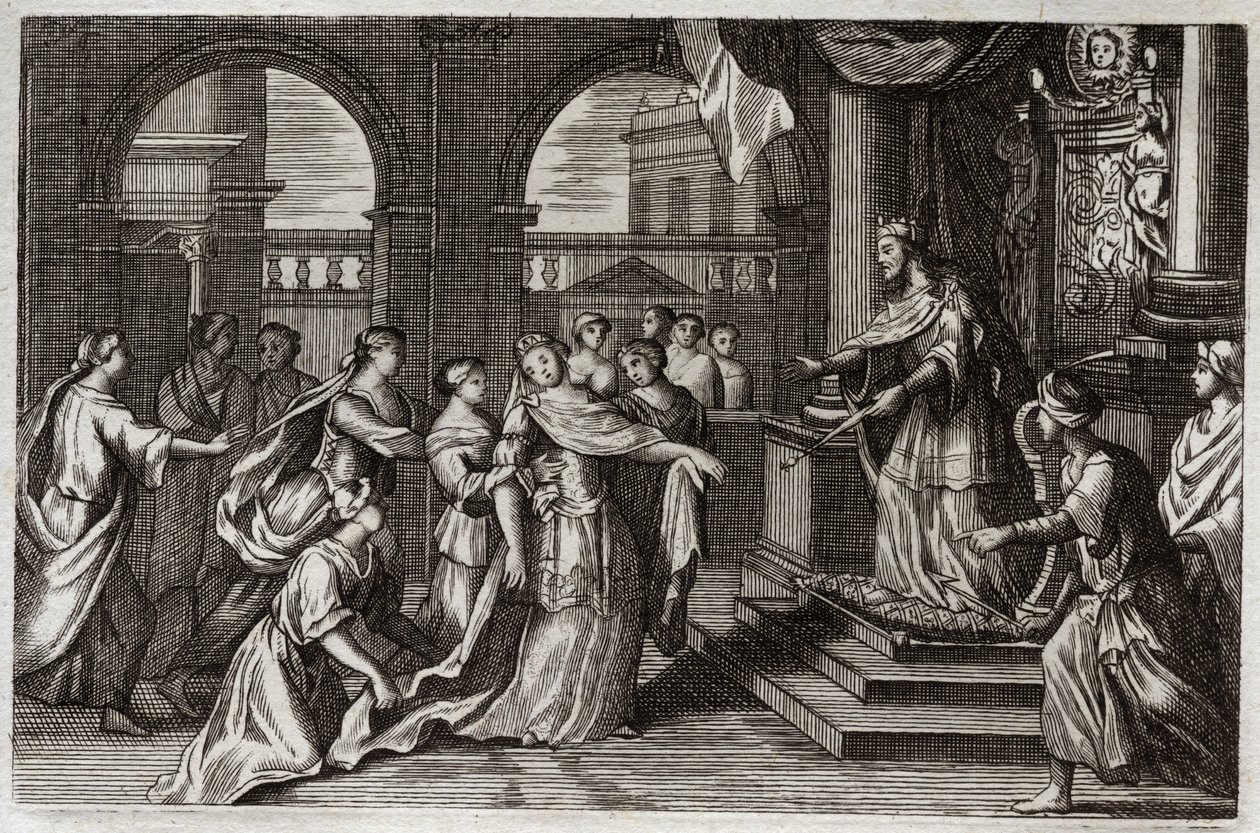 Royaumont Bible, Old Testament: Esther will present herself before King Xerxes I (Assuerus I), with the intention of saving her people from the death that threatened them. Illustration from 1811. by Unknown artist
