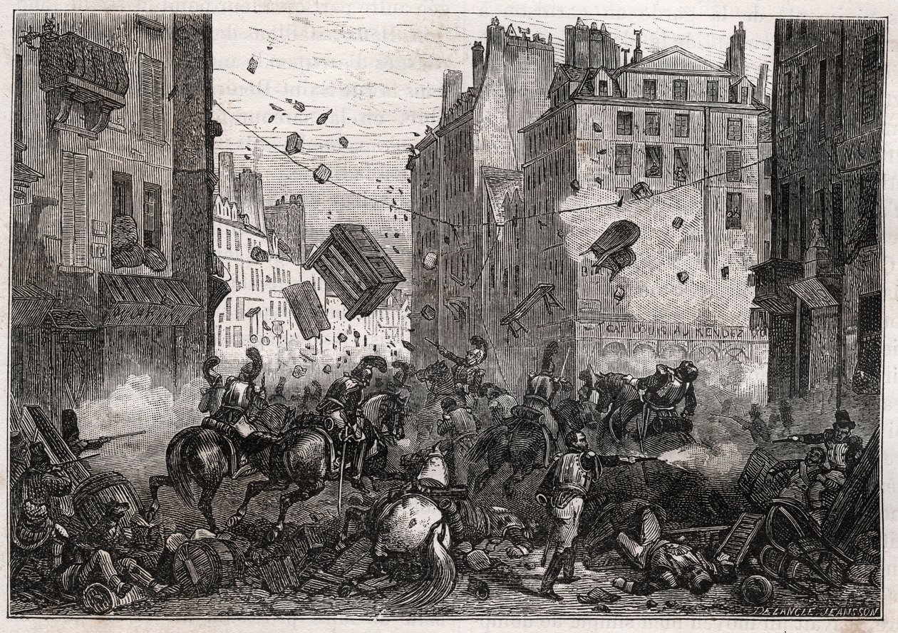 Rue Saint-Antoine during the Trois-Glorieuses (July 1830) - Revolution of 1830 Barricade fighting on Rue Saint-Antoine in 1830 by Unknown artist