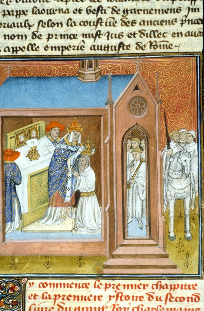 Coronation of Charlemagne in 800 by Pope Leo III. - Illumination of manuscript from the Middle Ages by Unknown artist