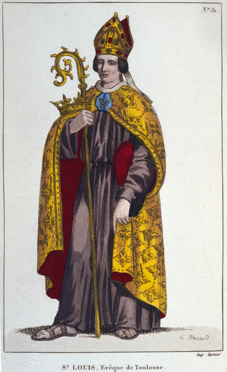 Saint Louis of Toulouse or Saint Louis of Anjou. Little nephew of Saint Louis (1274 to 1297), bishop of Toulouse. Engraving of 1830 by Unknown artist