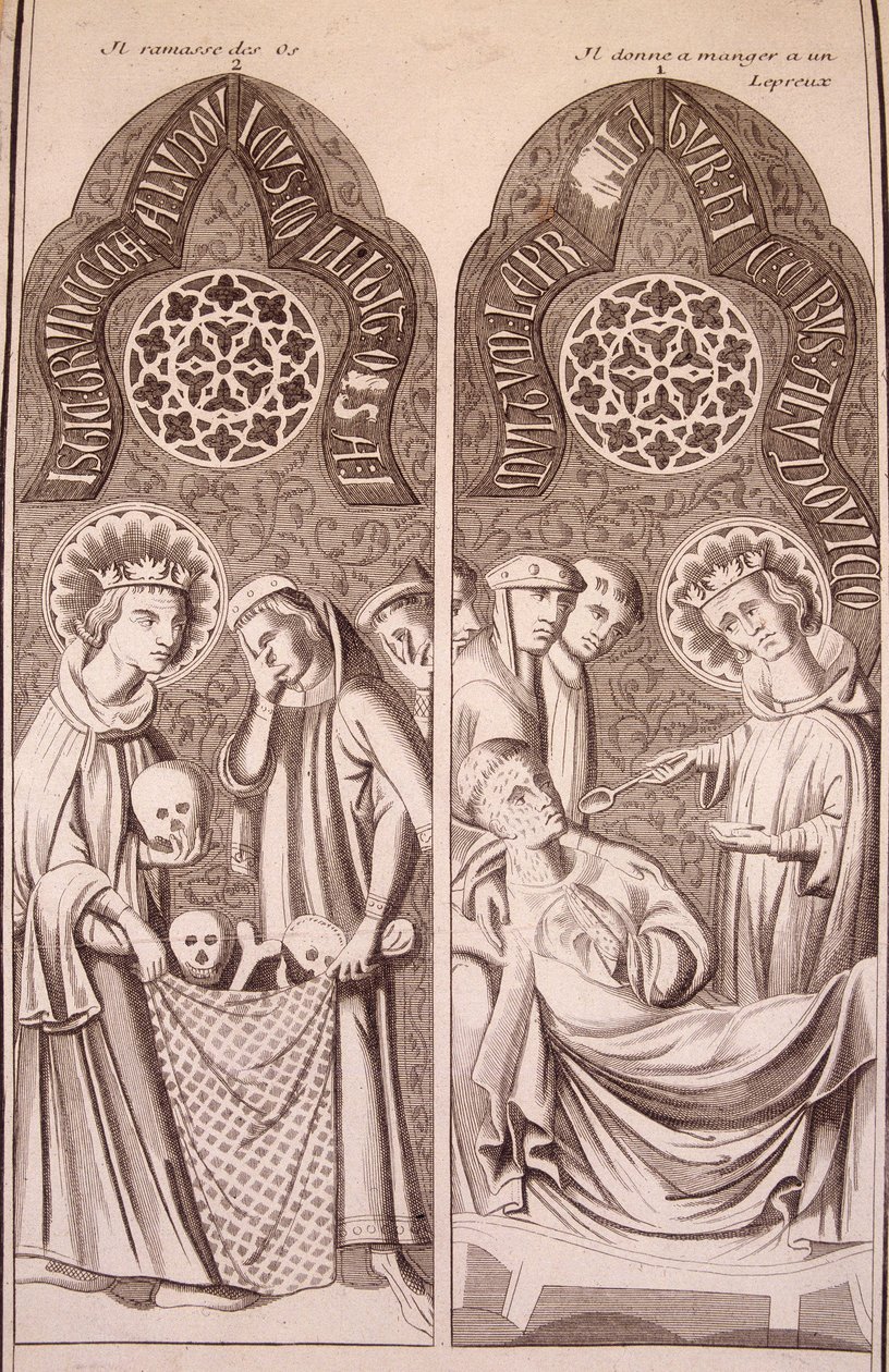 Saint Louis picks up bones and gives lepers food by Unknown artist
