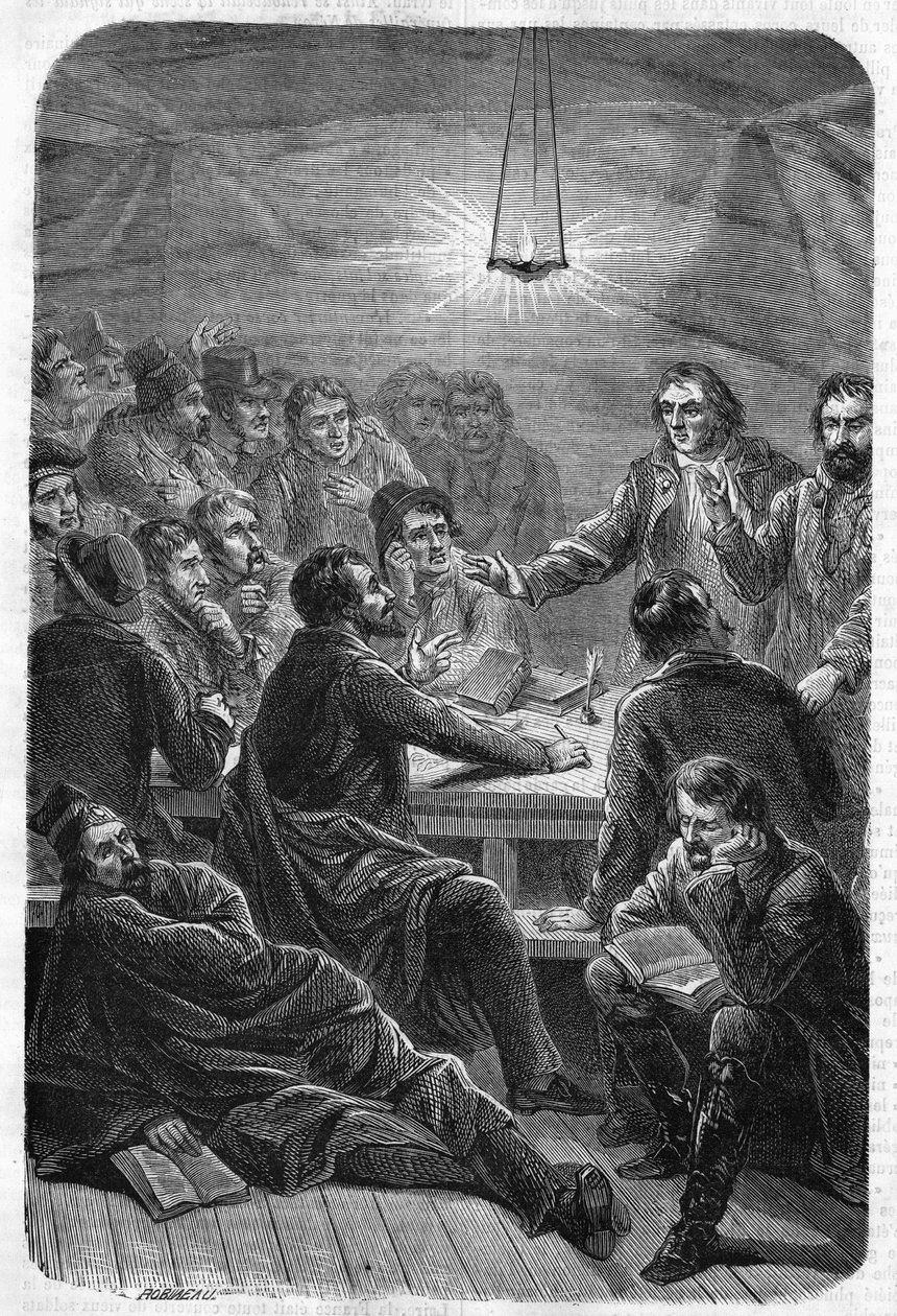 Sale (Reunion) of Carbonari. Engraving of 1864. by Unknown artist