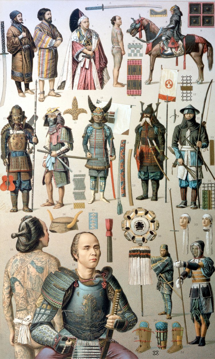 Samurai costumes, weapons and armor. 19th century by Unknown artist