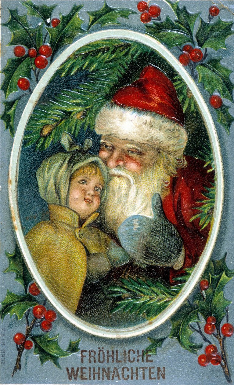 Santa Claus and a child. 19th century German postcard by Unknown artist