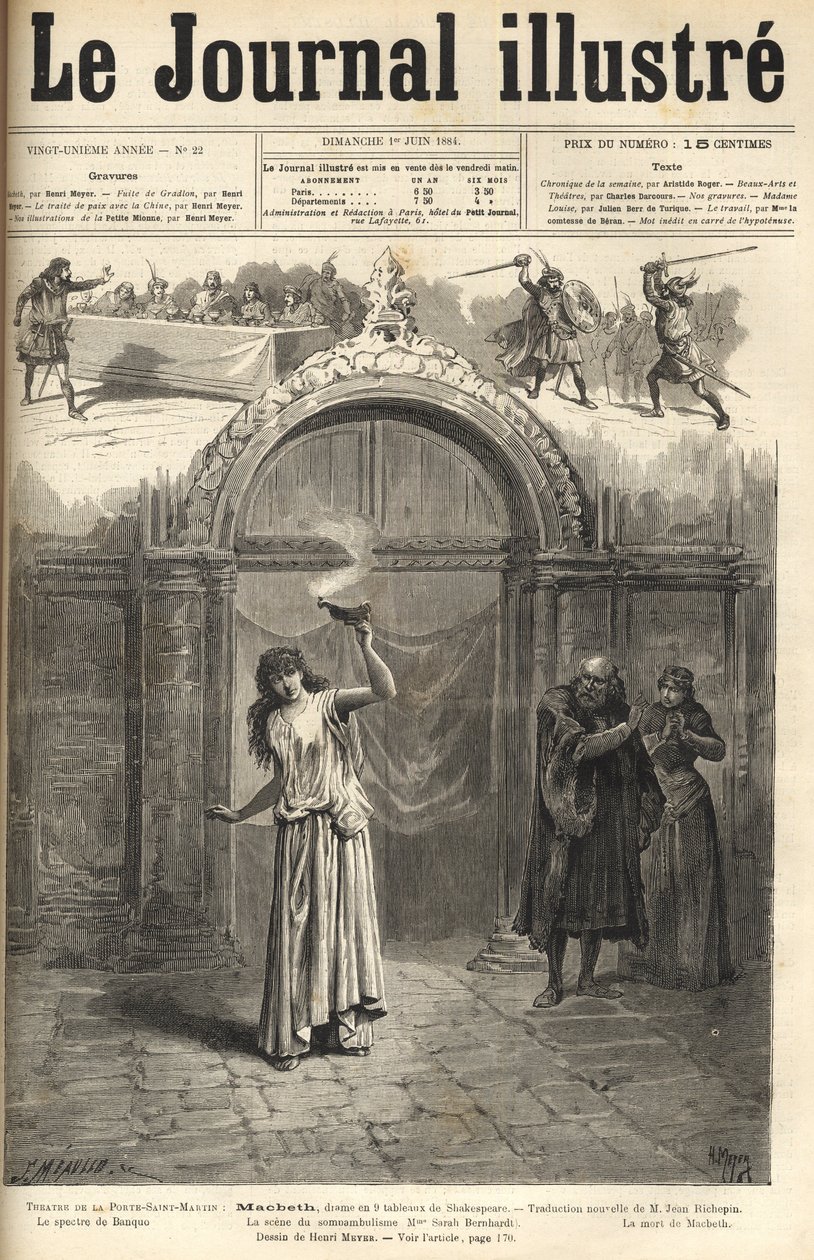 Sarah Bernhardt: Lady Macbeth in Macbeth, drama by Shakespeare, adapted by Jean Richepin - Theatre de la porte Saint-Martin - engraving in Le journal illustré of 1884 by Unknown artist