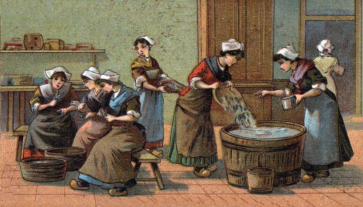 Sardine industry: cutting heads, salting. Chromolithography of the late 19th century by Unknown artist