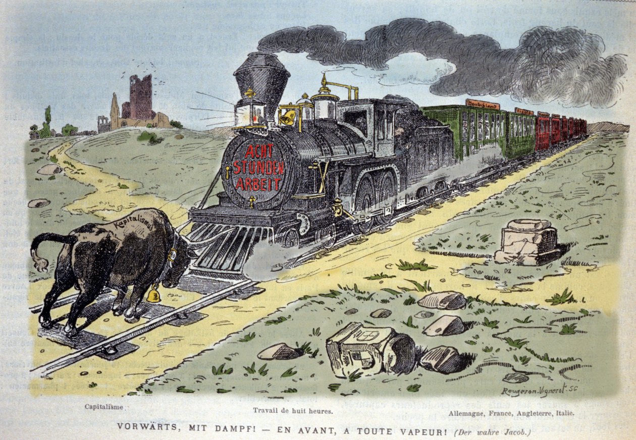 Satirical allegorical vignette: the bull symbol of capitalism tries to stop the train of labor reform. Each wagon is designed for a country: Germany, France, England, Italy 1897 by Unknown artist