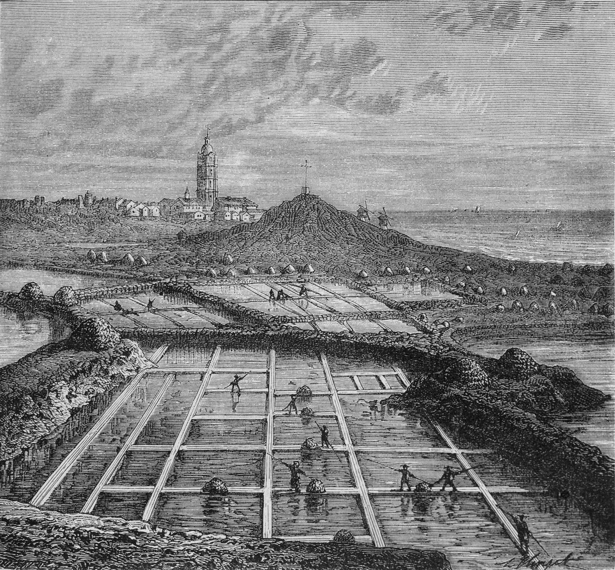 Sauniers in a salt marsh in Bourg de Batz, near Croizic during the period of Saunage. In "Wonders of the Industry" by Louis Figuier by Unknown artist