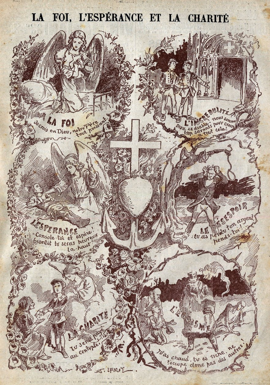 Scenes illustrating Faith, Hope, Charity and their opposite, Incredulity, Desperation and Egoism. Illustration in 