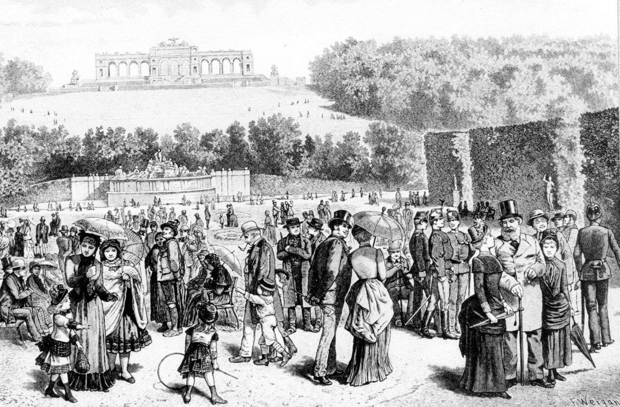 Schonbrunn Park, a complex of palaces and gardens located not far from Vienna, was the summer residence of the Habsburg family since the 18th century. Lithograph of the 19th century by Unknown artist