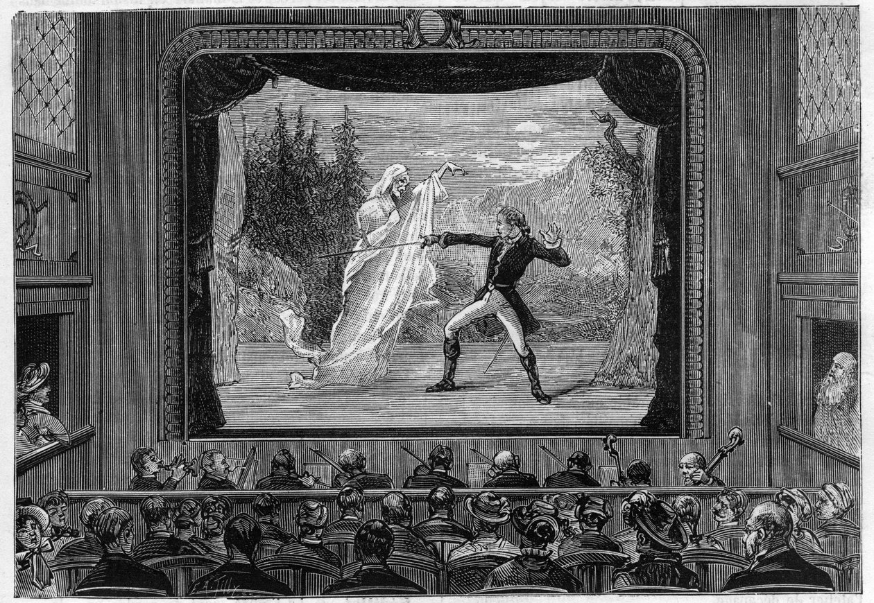 Scientific shows: living spectra. Experience the spectra on the theatre stage. A comedian fights a ghost. Engraving in 