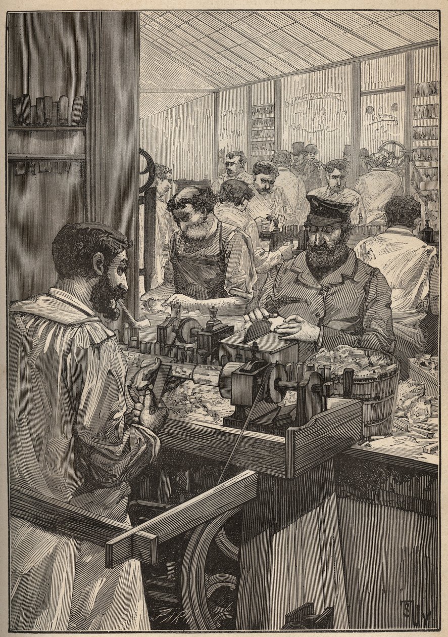Sea squim: manufacture of sea squim pipes. Engraving from 1885 in 