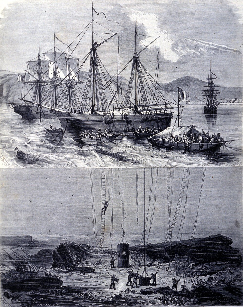 Search for Spanish galleons shipwrecks in Vigo Bay in 1702. 19th century by Unknown artist