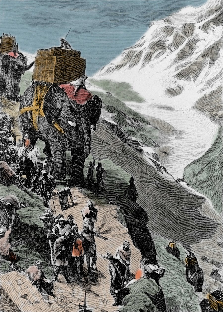 Second Punic War. The army of Hannibal Barca crossing the Alps, 218 BC. Italian engraving of the 19th century by Unknown artist