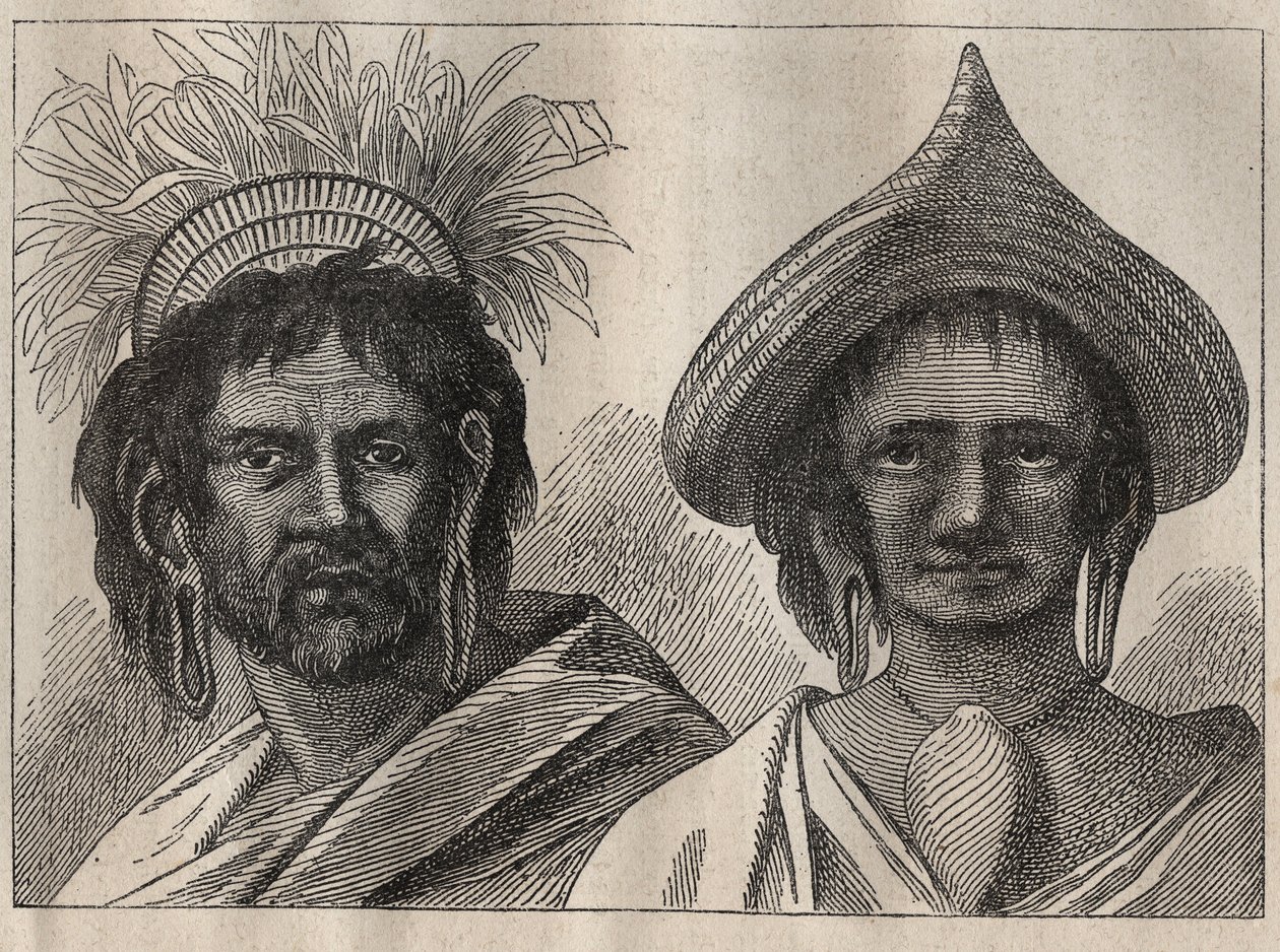 Second voyage (1772-1775) by Captain James Cook (1728-1779): man and woman of Easter Island - illustration from The Great Mariners of the 18th century by Unknown artist