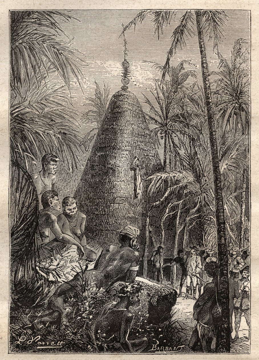 Second voyage (1772-1775) by Captain James Cook (1728-1779): traditional circular house, on the roof of a considerable elevation (New Caledonia) - illustration taken from 