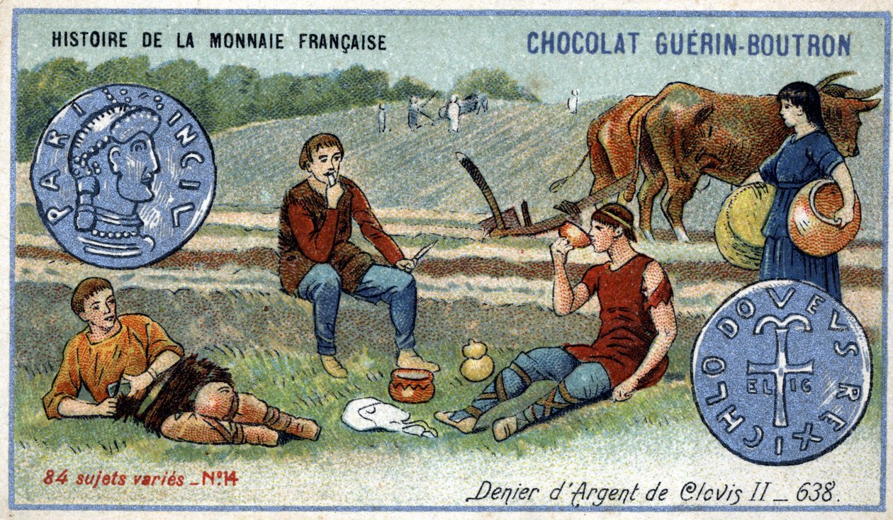 Series Histoire de la Monnaie Française published by Chocolat Guérin Boutron. Chromolithography 19th century. Silver denier of Clovis II in 638 by Unknown artist