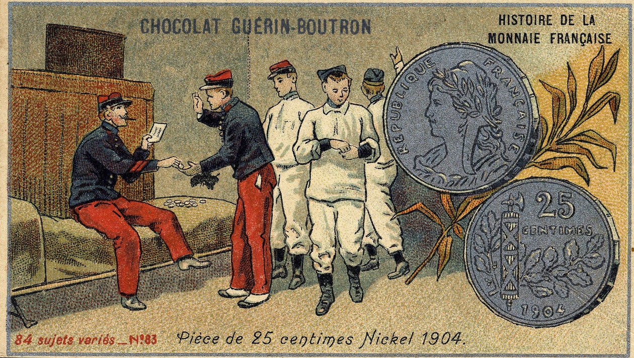 Series Histoire de la Monnaie Française published by Chocolat Guérin Boutron. Chromolithography 19th century. 25 cent coin. Nickel 1904 by Unknown artist