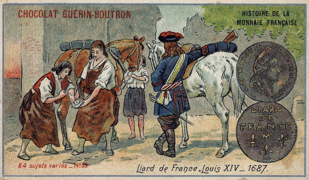 Series Histoire de la Monnaie Française published by Chocolat Guérin Boutron. Chromolithography 19th century. Liard from France. Louis XIV in 1687 by Unknown artist